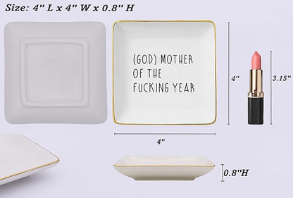 NZY Godmother of the Fucking Year-Funny Godmother Appreciated Gifts,Humorous Godmama Proposal Presents,Christening Baptism Christmas Gifts-Jewelry Tray Trinket Holder Ring Dish