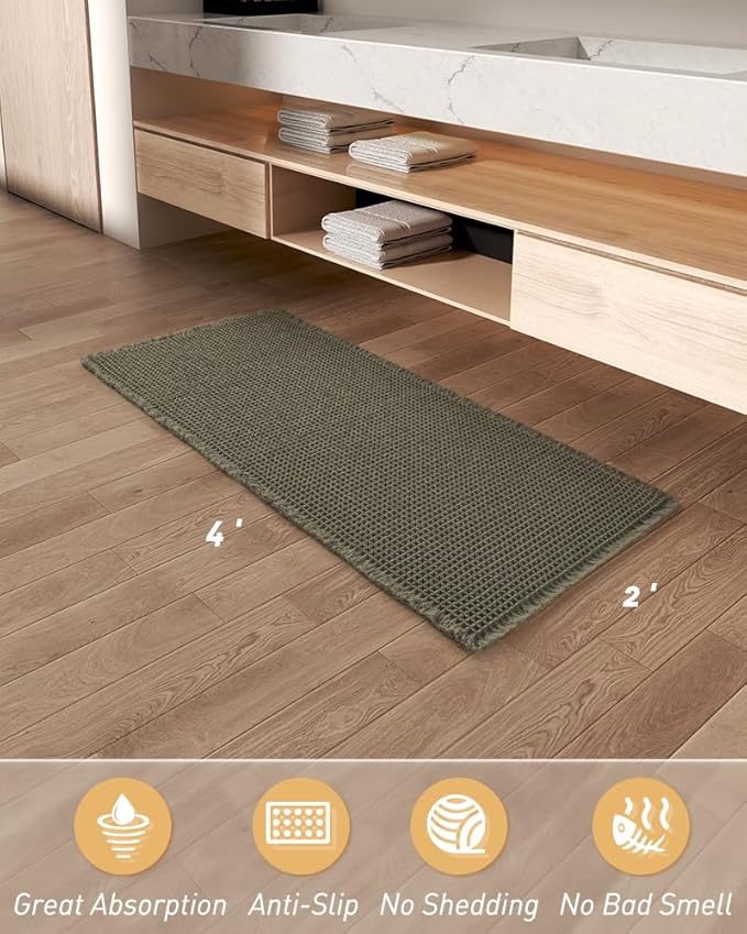 AMOAMI Upgraded Waffle Runner Rug, Super Absorbent Non Slip Bath Mats for Bathroom Floor, Machine Washable Bathroom Runner Rug with Tassels, Ideal for Hallway Bedroom Laundry Room, Green, 2'x 4'