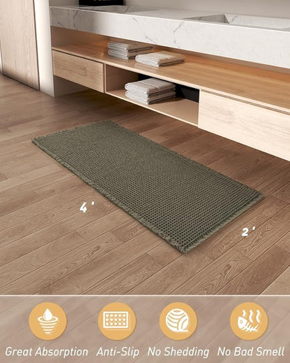 AMOAMI Upgraded Waffle Runner Rug, Super Absorbent Non Slip Bath Mats for Bathroom Floor, Machine Washable Bathroom Runner Rug with Tassels, Ideal for Hallway Bedroom Laundry Room, Green, 2'x 4'