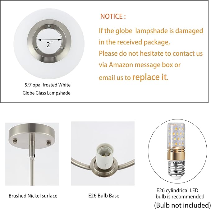 Modern Globe Pendant Light Brushed Nickel Chandelier 1-Light Mid Century Ceiling Hanging Lighting Fixture White Globe Glass Shades for Kitchen Island Dining Room Bedroom (2 Pack)