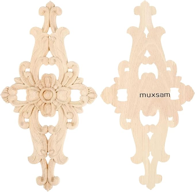 MUXSAM Wood Carved Appliques Furniture Decorative Onlays, 4Pcs Unpainted DIY Center Carving Decal for Door Wall Ceiling Cabinet Dresser Mirror Bed Mantel Bench Decoration, 27x14cm/10.63"x5.51"