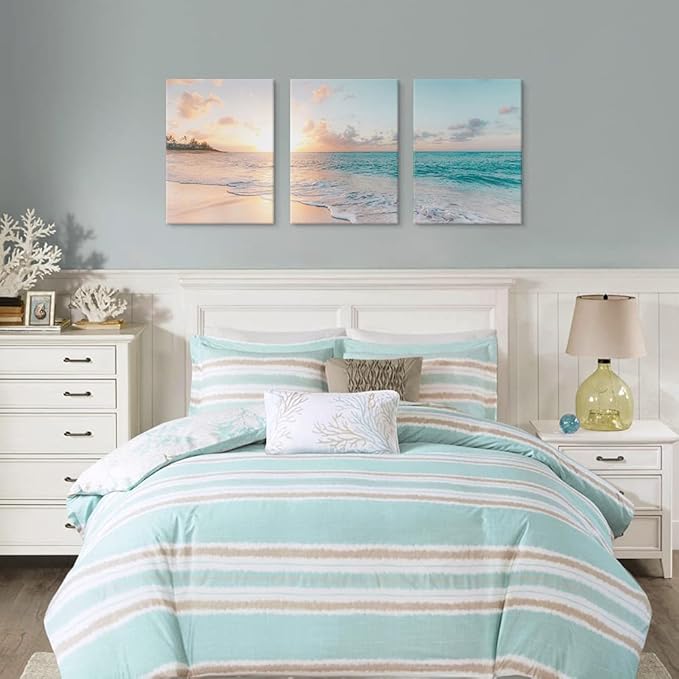 Goldfoilart 3 Pieces Beach Wall Art Sunset Bathroom Canvas Pictures Ocean Wall Decor Waves Prints Paintings for Living Room Bedroom Decorations Ready to Hang 12"x16" x 3pcs