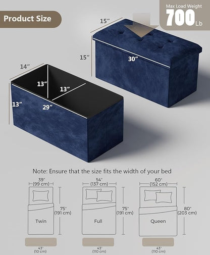 Folding Storage Ottoman Bench, Multi-Functional Ottoman Foot Rest, End of Bed Bench, Storage Chest for Living Room, Bedroom, Hallway, Entryway, Holds Up to 600 lbs (Navy Blue, 30 Inches)