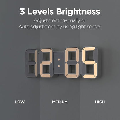 mooas 3D Pure mini White Gold LED Clock, Multi-Function LED Clock (Calendar, Alarm, Temperature) (8.5" White Gold Table Alarm Clock)