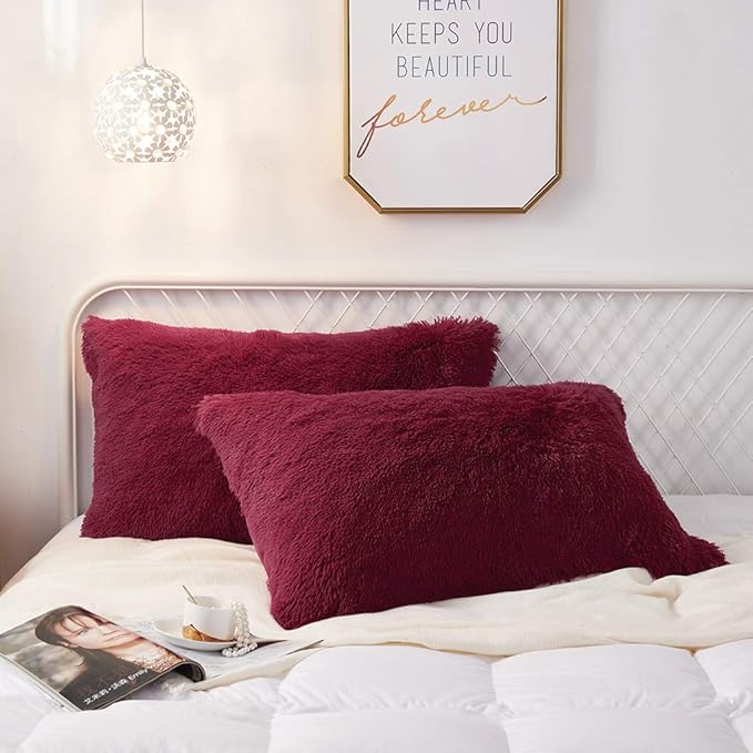 Uhamho Set of 2 Standard Pillowcases Faux Fur Throw Pillow Covers Queen Size Shams Soft Velvet Decorative Zipper Closure (Burgundy, 20"x26")