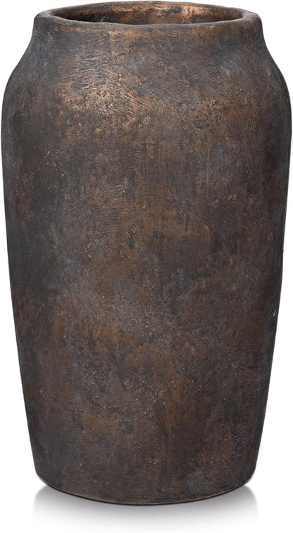 Briful 9.06'' Large Ceramic Rustic Vase Shabby Vintage Textured Vase, 4.33'' Wide Mouth Pampas Vases for Fake Flowers Branches, Farmhouse Home Décor, Weddings Shelf Table Decor, Brown