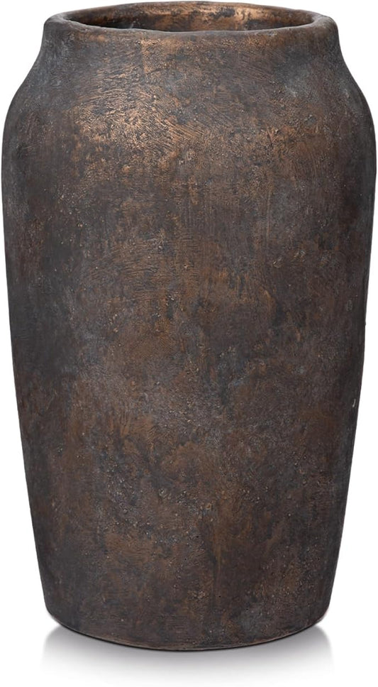 Briful 9.06'' Large Ceramic Rustic Vase Shabby Vintage Textured Vase, 4.33'' Wide Mouth Pampas Vases for Fake Flowers Branches, Farmhouse Home Décor, Weddings Shelf Table Decor, Brown