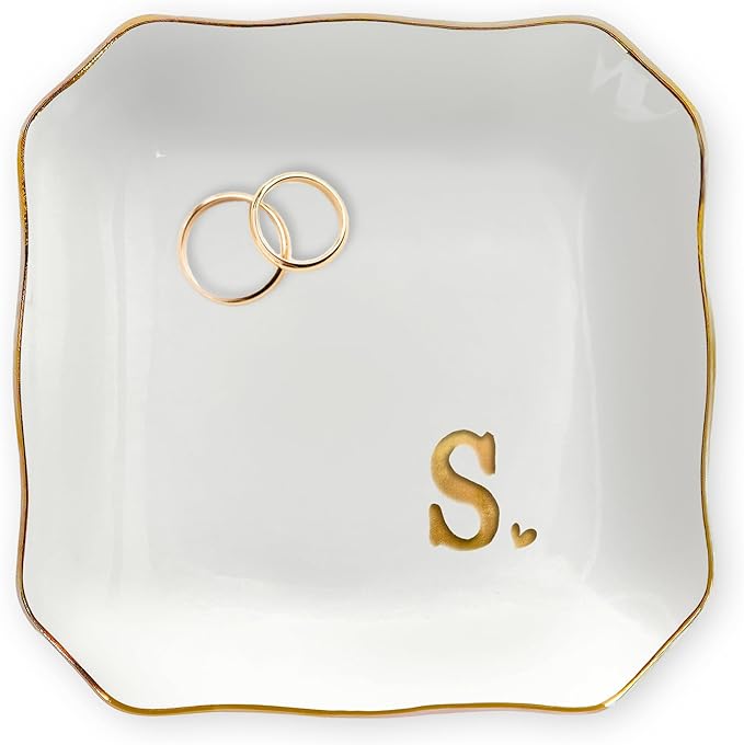 OASSIE Valentines Day Gifts for Her - 4"x4" Initials Ceramic Jewelry Dish Tray Letter S - Engagement Wedding Bridal Shower Gifts for Bride, Bridesmaid Gift, Birthday Gift for Women Teacher Friend