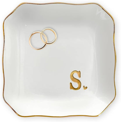 OASSIE Valentines Day Gifts for Her - 4"x4" Initials Ceramic Jewelry Dish Tray Letter S - Engagement Wedding Bridal Shower Gifts for Bride, Bridesmaid Gift, Birthday Gift for Women Teacher Friend