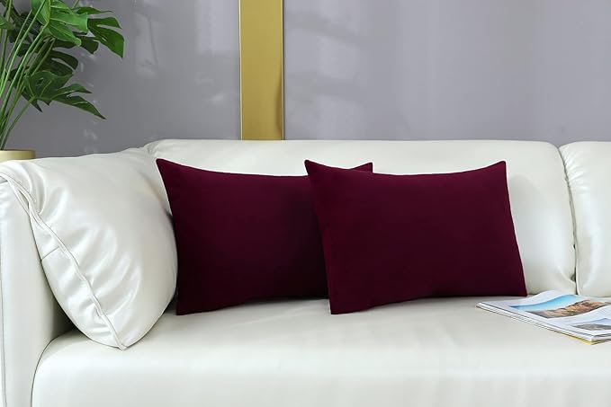 mixeoo Comfy Burgundy Red Throw Pillow Covers Decorative Lumbar Solid Rectangle Thick Velvet Super Soft Cushion Cases Home Decor for Sofa Couch Living Room Chair, Set of 2, 12 x 20 Inch