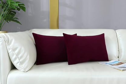 mixeoo Comfy Burgundy Red Throw Pillow Covers Decorative Lumbar Solid Rectangle Thick Velvet Super Soft Cushion Cases Home Decor for Sofa Couch Living Room Chair, Set of 2, 12 x 20 Inch