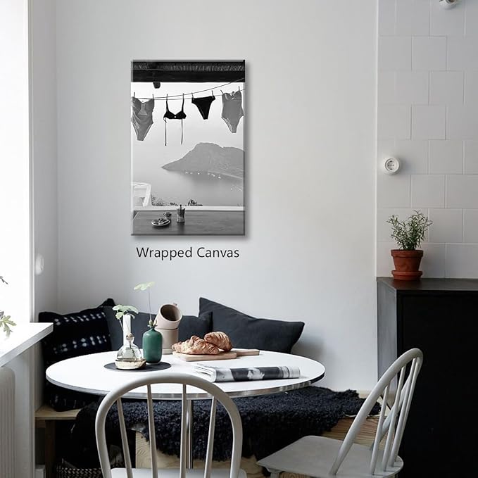 Black and White Photography Canvas Wall Art, Summer Coastal Hanging Bikini Aesthetic Poster, Vintage Trendy Beach Landscape Picture, Museum Photo Art Coastal Print for Bedroom 12x16in Wrapped Canvas