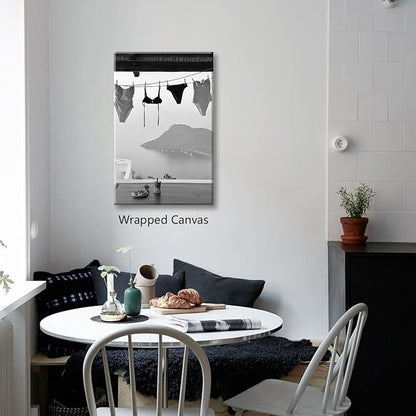 Black and White Photography Canvas Wall Art, Summer Coastal Hanging Bikini Aesthetic Poster, Vintage Trendy Beach Landscape Picture, Museum Photo Art Coastal Print for Bedroom 12x16in Wrapped Canvas