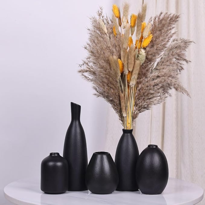Black Ceramic Bud Vases Set of 5, Farmhouse & Mantle Decor, Home Decoration for Living Room, Kitchen & Office, Coffee Table Decor, Bulk Bud Vases