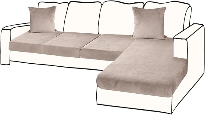 Sectional Couch Covers for 4-Piece Seat Cushion Velvet Separate L Shape Couch Cover Stretch Sofa Slipcover with 2 Pieces Pillowcases Furniture Protector (Sofa 3 Seater + 1 Chaise, Tan)