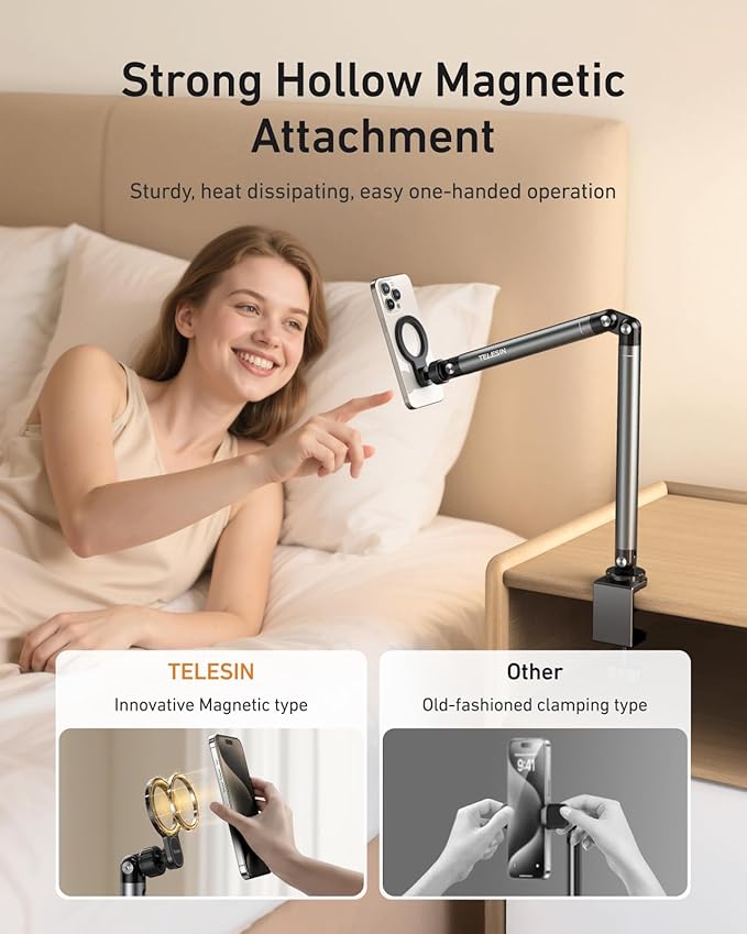 TELESIN Magnetic Phone Holder for Desk and Bed - Strong Magnetic - Tablet Stand Holder with Long Arm - 360° Freely Adjustable Rotation Base - Upgraded Silicone Clamp for iPhone, Android & IPad Series