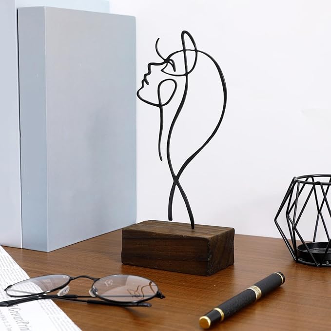 Amosfun Black Wrought Iron Female Line Sculpture with Wooden Base 8.66X4.25X2 Inch Minimalist Modern Character Art Ornament for Home and Office Desk D Cor