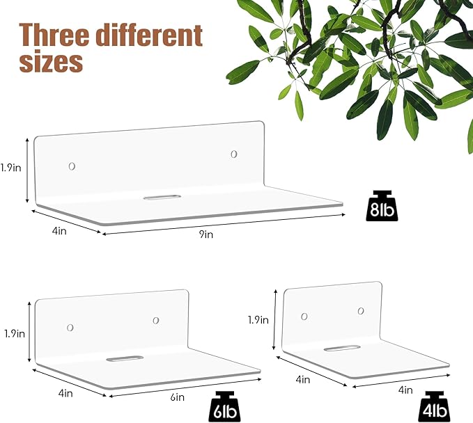 Pinkunn 6 Pack 4'' 6'' 9'' Clear Acrylic Floating Shelves for Wall Small Floating Shelf No Drilling with Adhesive or Screw Mini Wall Shelves for Storage Decoration