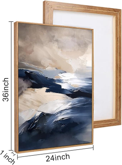 HLNIUC Blue Beige Abstract Wall Art Set of 3(24x36), Navy Brush Stroke Modern Art Decor, Earth Tone Minimalist Shape Framed Painting, Rust Dusty Neutral Prints for Living Room, Bedroom, Office