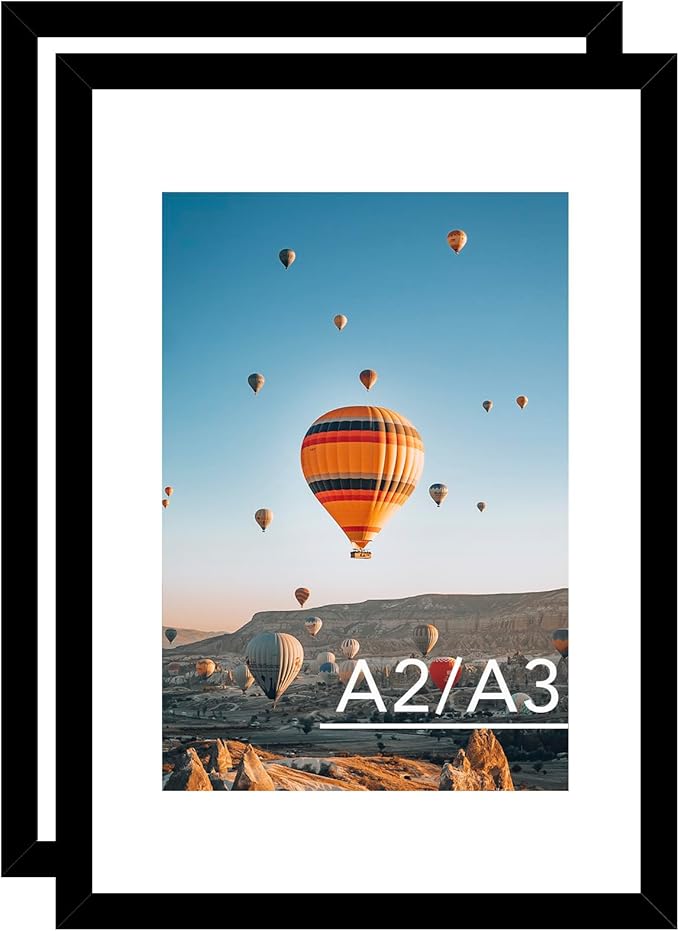 16.5x23.4 A2 Picture Frame Set of 2 Black with 11.7x16.5 A3 Mat, Display Photo 11.7x16.5 with Mat or 16.5 x 23.4 Without Mat, Wall Hanging Large Frame with Plexiglass, 2 Pack, Black