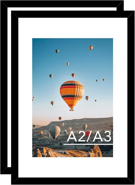 16.5x23.4 A2 Picture Frame Set of 2 Black with 11.7x16.5 A3 Mat, Display Photo 11.7x16.5 with Mat or 16.5 x 23.4 Without Mat, Wall Hanging Large Frame with Plexiglass, 2 Pack, Black