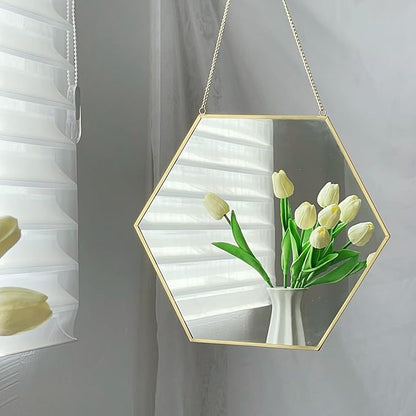 LONGWIN Hanging Wall Hexagon Mirror Decor Gold Geometric Mirror with Chain for Bathroom Bedroom Living Room 15.7"x 13.6"