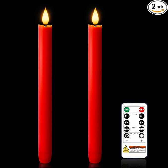 Homemory 2 Pcs Real Wax Made Red Flameless Taper Candles with Remote and Timer, 9.6" Battery Operated Candle Stick Flickering, Led Taper Candles with Lifelike Flame for Xmas Home Decor