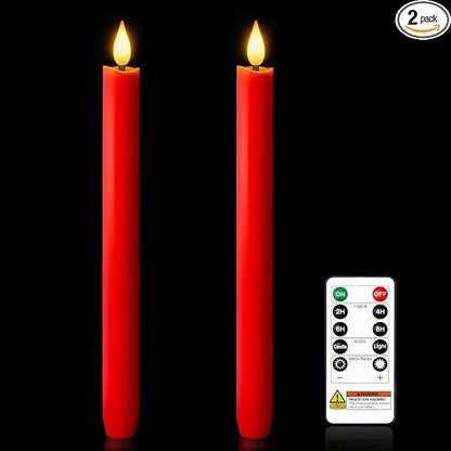 Homemory 2 Pcs Real Wax Made Red Flameless Taper Candles with Remote and Timer, 9.6" Battery Operated Candle Stick Flickering, Led Taper Candles with Lifelike Flame for Xmas Home Decor