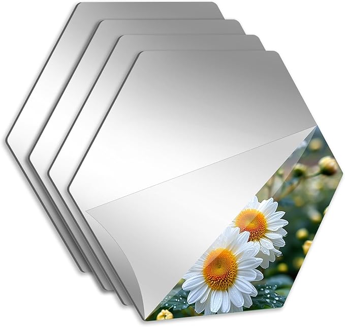 Abyssaly 4 Pack Acrylic Mirror Stickers 11.8" x 11.8", 3D Hexagon Flexible Plastic Mirror Tiles for Wall, Frameless Non-Glass Full Length Stick on Espejos Wall Tile Sheets for Bedroom Home Gym Door