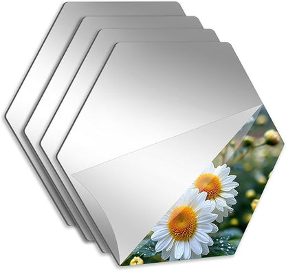 Abyssaly 4 Pack Acrylic Mirror Stickers, 3D Hexagon Flexible Plastic Mirror Tiles for Wall, Frameless Non-Glass Full Length Stick on Espejos Wall Tile Sheets for Bedroom Home Gym Door, 7.87" x 7.87"