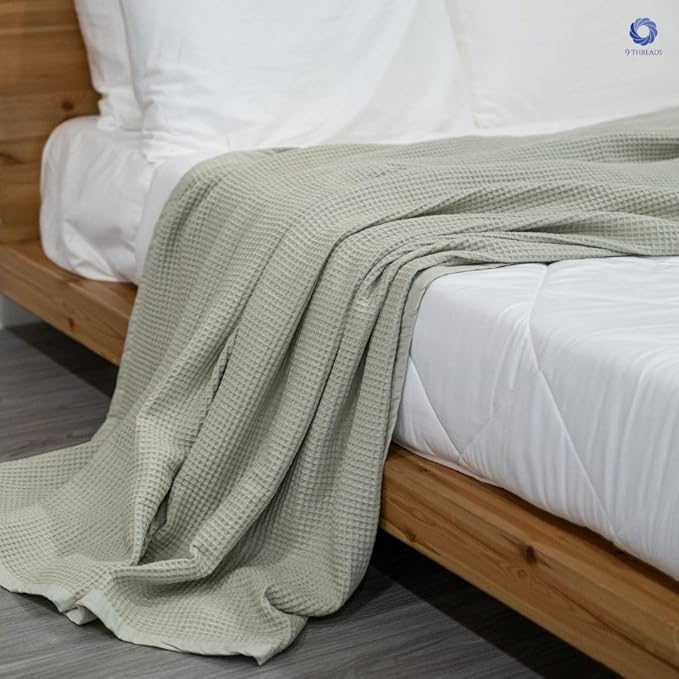 GOTS Certified Organic Cotton Waffle Weave Blanket, Twin Bed, 66"X90"Cozy Throw Blanket for Couch, Modern Home Decor, Throw Blankets, Comfy Waffle Blanket Soft Bed Blankets -Sea Foam