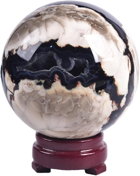 JIC Gem 3.1-3.5 inch(80-90mm) Large Volcanic Agate Crystal Sphere Quartz Crystal Ball with Stand Healing Ornament Witchcraft Meditation Decor