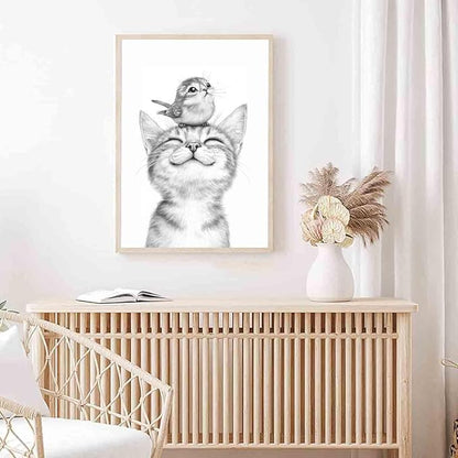 Sketch Bird Wall Art Cute Cat Poster Black And White Sketch Wall Art Black And White Cat Minimalist Animal Print Pets Painting Farmhouse Bird Pictures Animal Poster Living Room Decor 16x24in No Frame
