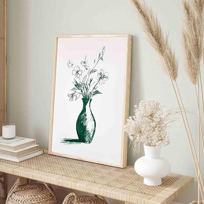 Vintage Floral Wall Art Flower Sketch Abstract Flower Picture Flowers In A Vase Wall Art Engrave Line Canvas Neutral Sketch Minimalist Mid Century Painting Living Room Decor 16x24inch No Frame