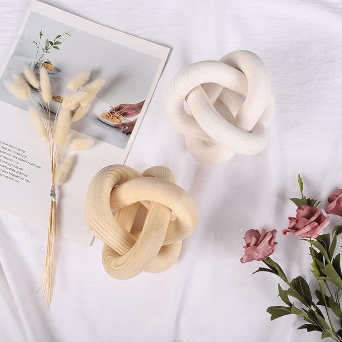 3-Link Wood Chain Link Decor, Coffee Bar Table Decor, Farmhouse Wood Chain Knot Boho Hand Carved Decorative Wood Link Chain for Entryway Dinning Table Bookshelf Tiered Tray Home Decor (White)