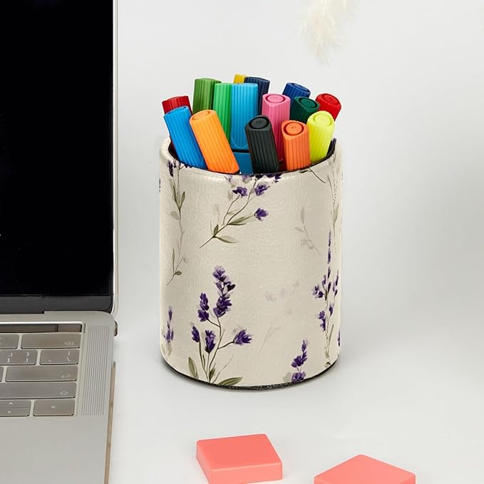 Pen Cup Holder for Desk, Large Pencil Holder, Cute Lavender Flowers and Sage Green Leaves Pattern Desk Stationery Storage Organizer Makeup Brush Holder for Home Office School