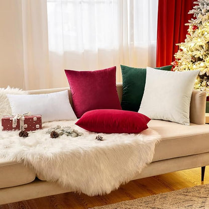 EMEMA Pack of 2 Velvet Christmas Throw Pillow Covers Decorative Square Pillowcase Soft Solid Cushion Case for Sofa Bedroom Car 16x16 Inch Red