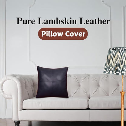 Lambskin Leather Pillow Cover, Hand Panel Stitched Leather Decorative Throw Pillow Covers for Couch Sofa Bed Living Room Garden (14x14 Inches, Gun Metal Blue Pack of 1)