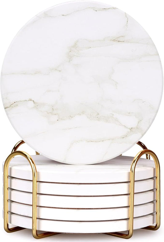 White Marble Coasters Set of 6 Best Round Ceramic Absorbent Coasters with Holder Coffee Cup Coaster Modern Drink Coaster for Bar, Table, Desk