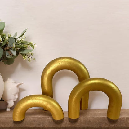 3Pcs Wood Arch Decor Accents - Home Book Table Decorative Rustic Arch Decor Modern Boho Minimalist Coffee Table Bookshelf Living Room Entryway Aesthetic Decorations Objects (Gold)