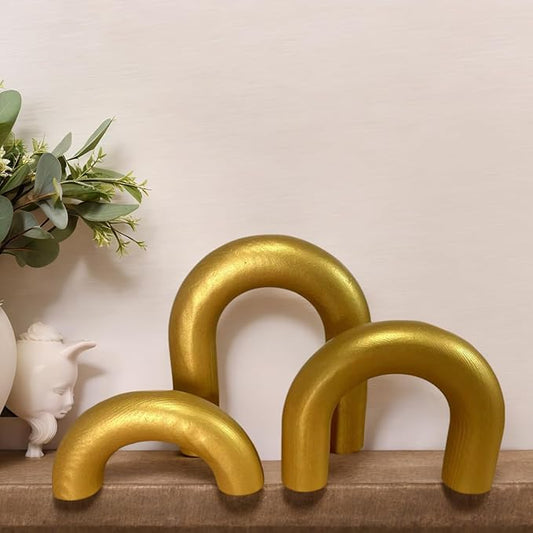 3Pcs Wood Arch Decor Accents - Home Book Table Decorative Rustic Arch Decor Modern Boho Minimalist Coffee Table Bookshelf Living Room Entryway Aesthetic Decorations Objects (Gold)