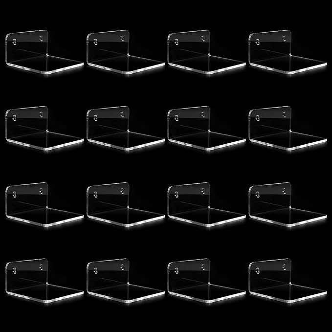 Acrylic Mini Floating Shelf, 16 Pack - Clear, Modern Wall Shelf for Office, Bedroom, Living Room - Mounted Storage for Pop Figures, Plants, Pictures