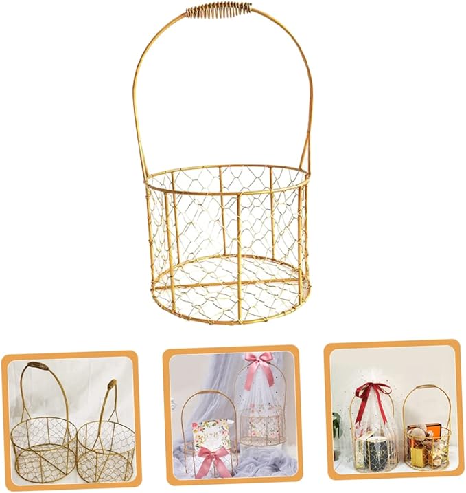 Flower Basket with Handle Decorative Iron Wire Storage Basket for Wedding Fruits Home Organization Stylish Round Design for Home Decor Present Giving