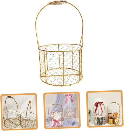 Flower Basket with Handle Decorative Iron Wire Storage Basket for Wedding Fruits Home Organization Stylish Round Design for Home Decor Present Giving