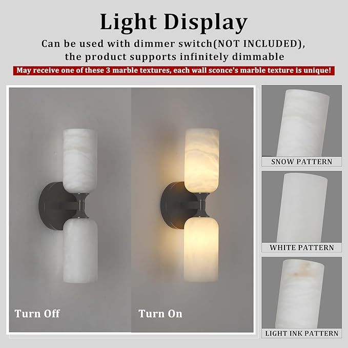 14in Modern Spanish Natural Marble Bathroom Vanity Sconces, Alabaster Wall Sconces Set of Two, Black Alabaster Sconce Wall Lighting, Black Wall Light Fixtures Decor