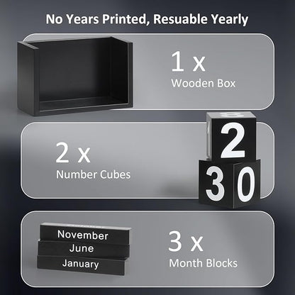Wooden Block Calendar for Desk, Small Size Daily Desktop Perpetual Desk Calendar, Cute Date Display Desk Accessories for Home Office Decor, Teacher, Classroom, Reusable Yearly, Black