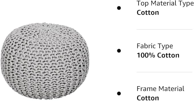 REDEARTH · Round Boho Pouf Ottoman - Cable Knitted Cord Boho Pouffe - Stuffed Poof Accent Beanbag Footrest for Living Room - Nursery - Bedroom - Covered Patio - Study Nook (19.5"x19.5"x14") - Gray