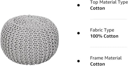REDEARTH · Round Boho Pouf Ottoman - Cable Knitted Cord Boho Pouffe - Stuffed Poof Accent Beanbag Footrest for Living Room - Nursery - Bedroom - Covered Patio - Study Nook (19.5"x19.5"x14") - Gray