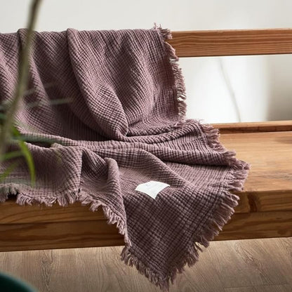 100% Cotton 4-Layer Muslin Blanket with Fringes, 50"x60", Dusty Mauve Throw Blanket, Ultra-Soft Gauze Blanket, Boho Bedding for All Seasons, Breathable for Couch, Bed(Dusty Mauve,Throw)