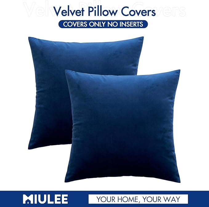 MIULEE Velvet Throw Pillow Covers 16x16 Inch, Pack of 2 - Dark Blue, Soft Solid Decorative Pillow Covers Farmhouse Modern Home Decor for Couch Sofa Bedroom Living Room